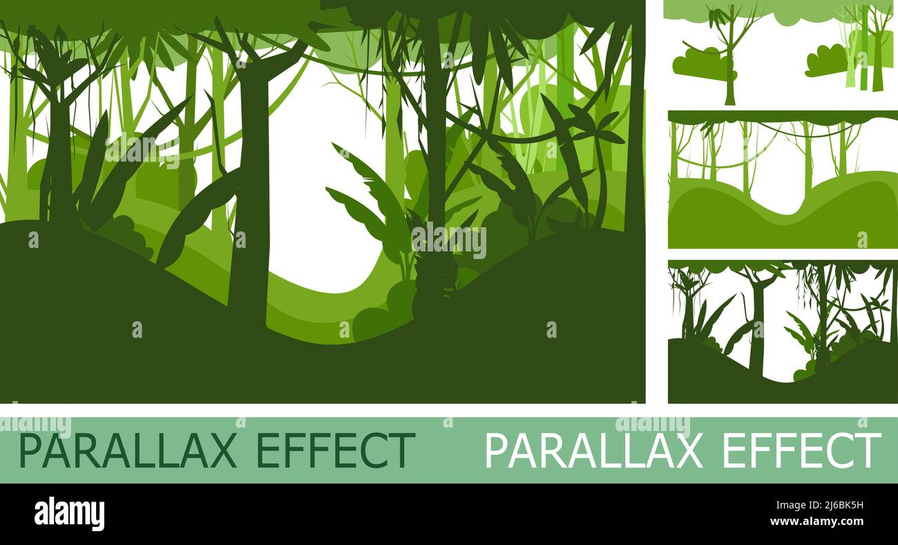 Dschungel-Illustration. Silhouette isoliert mit Parallax-Effekt. Dichte, wild wachsende tropische Pflanzen mit hohen, verzweigten Stämmen. Regenwaldlandschaft. Fl Stock Vektor