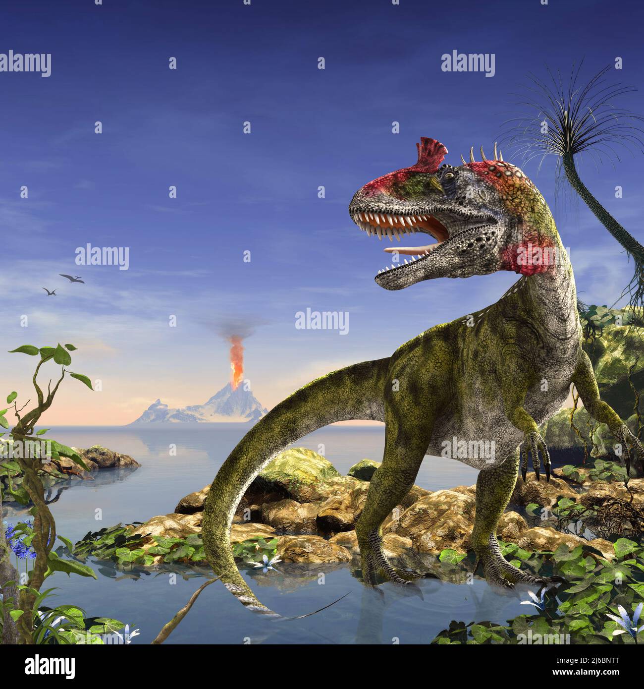 Cryolophosaurus Dinosaurier, der im Schluckwasser der prähistorischen Landschaft in der dynamischen Pose steht, 3D rendern. Stockfoto