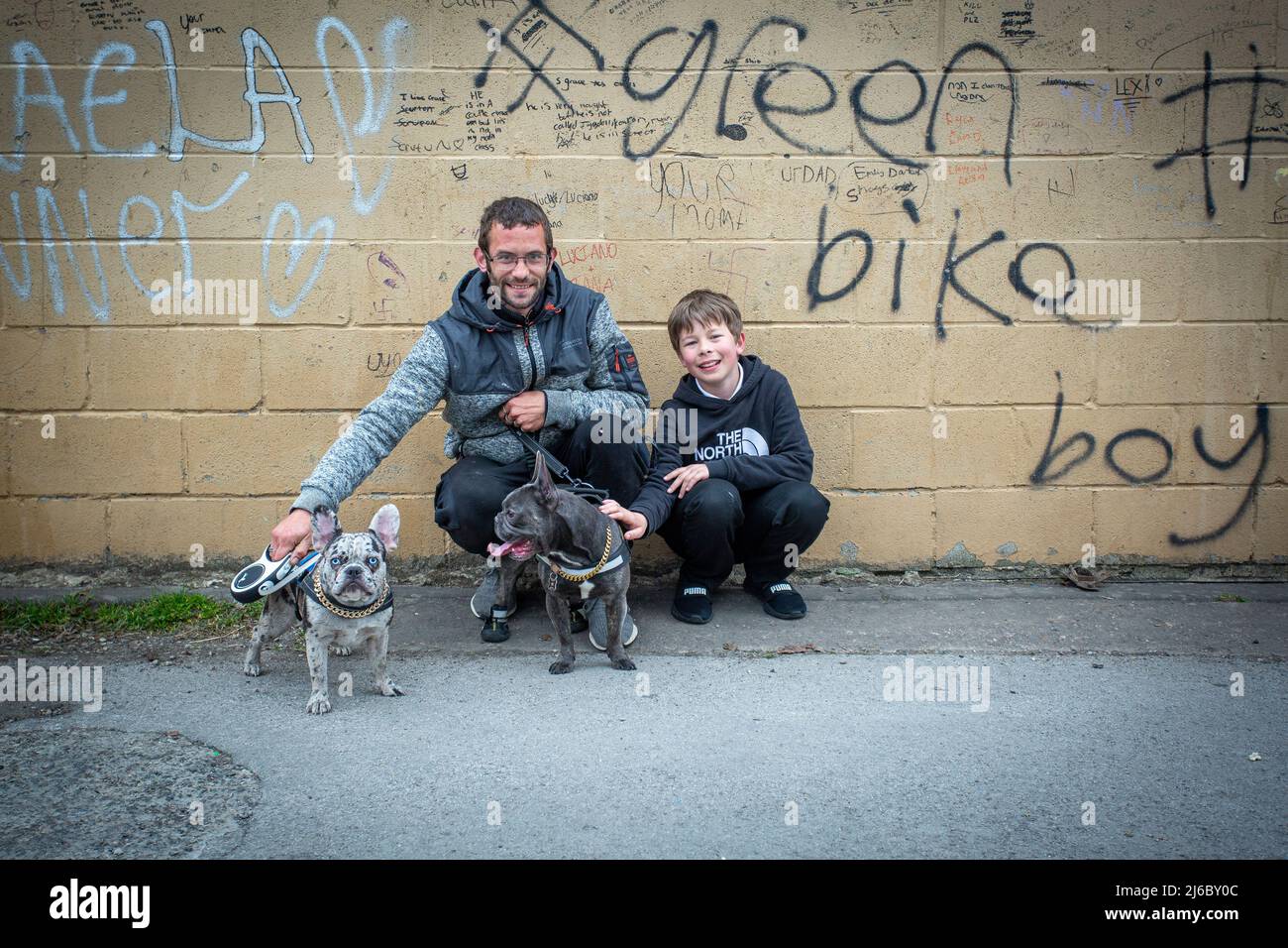 Mann mit seinem Sohn posiert mit zwei französischen Bulldoggen vor der Wand in Estate, England . Stockfoto