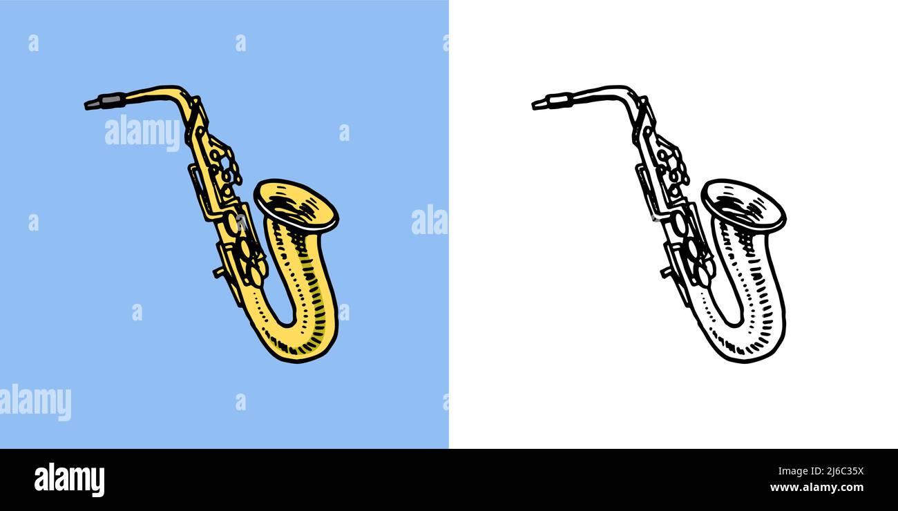 Saxophon. Musikalisches Blasinstrument. Handgezeichnete Skizze im Vintage-Doodle-Stil. Stock Vektor