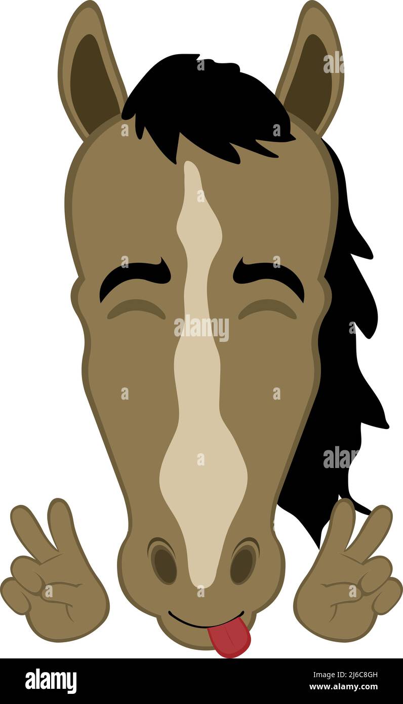 Vektor-Illustration des Gesichts eines Cartoon-Pferd mit einem glücklichen Ausdruck, so dass die klassische Geste der Liebe und des Friedens oder V Sieg mit seinen Händen Stock Vektor