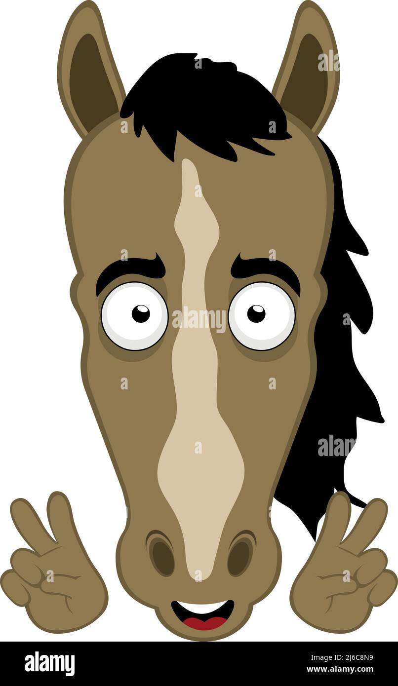 Vektor-Illustration des Gesichts eines Cartoon-Pferd mit einem glücklichen Ausdruck, so dass die klassische Geste der Liebe und des Friedens oder V Sieg mit seinen Händen Stock Vektor