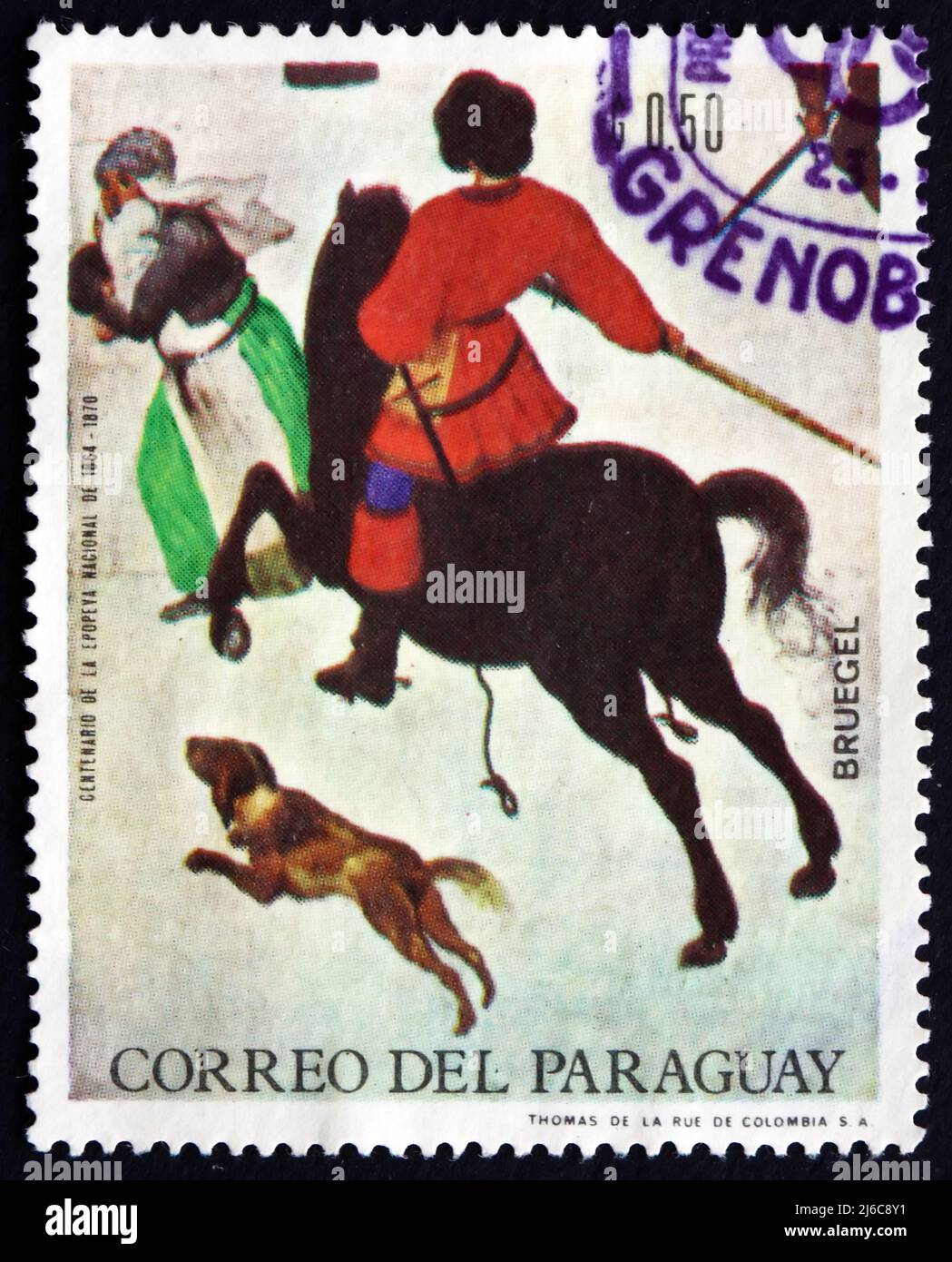 PARAGUAY - UM 1968: Eine in Paraguay gedruckte Marke zeigt Winterszene, Massaker der Unschuldigen, Detail, Gemälde von Pieter Brueghel dem Jüngeren, Cir Stockfoto