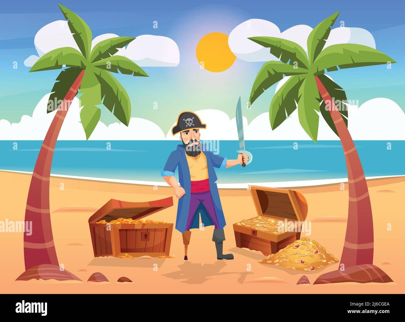 Piraten Komposition mit Insel Landschaft menschlichen Charakter mit Schatzkiste Stock Vektor