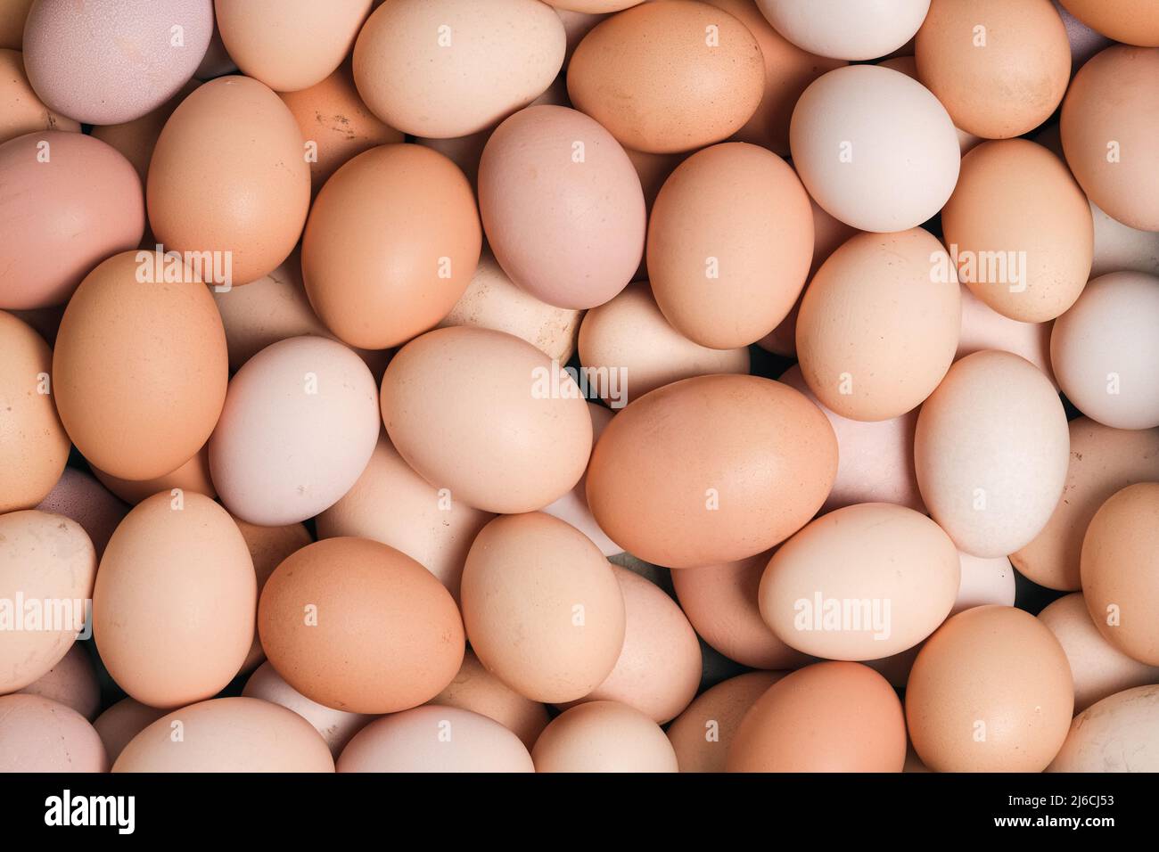 Eier Hintergrund. Draufsicht, Essenshintergrund. Viele Bio-Eier aus nächster Nähe Stockfoto