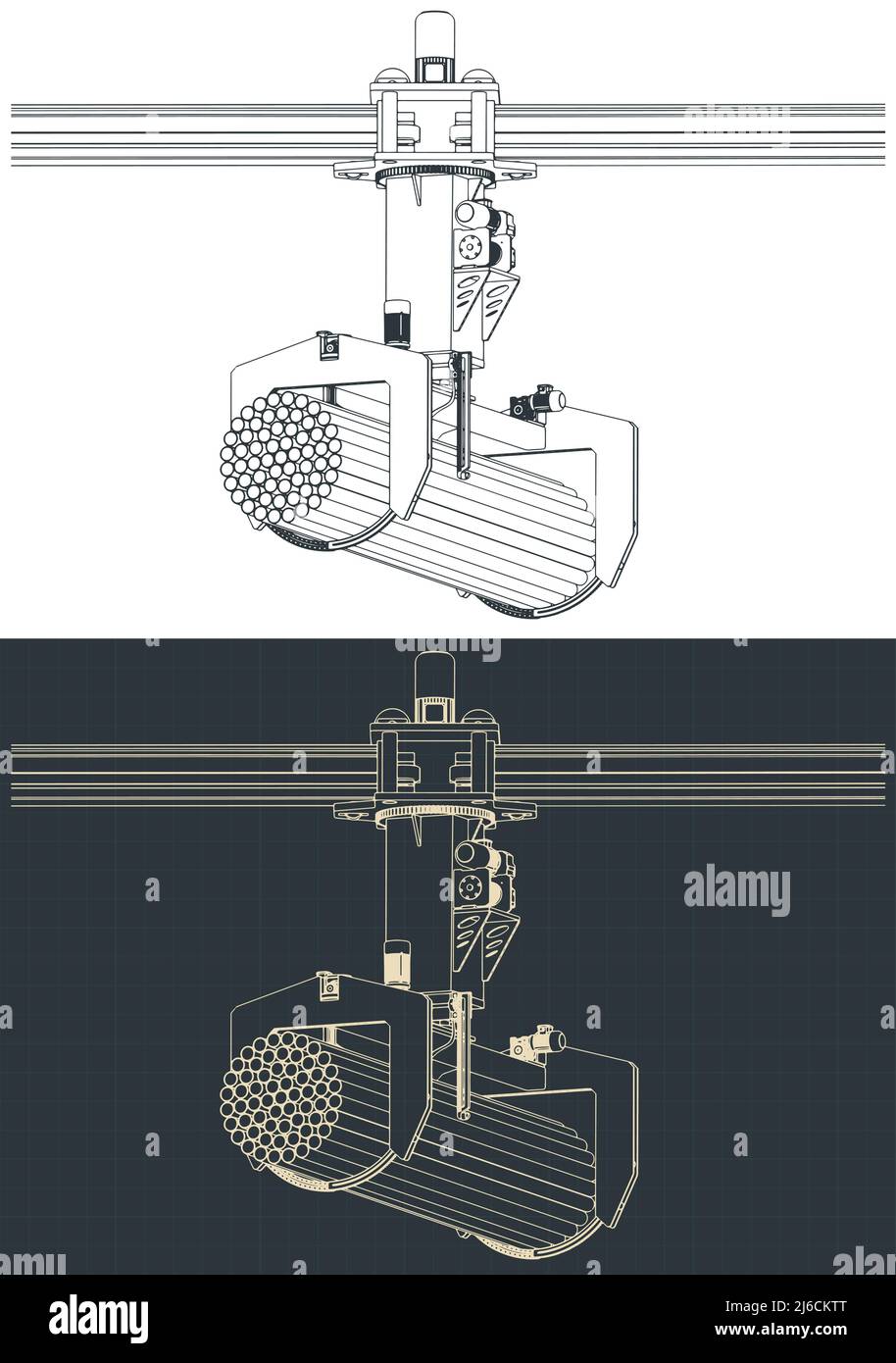 Stilisierte Vektordarstellung von Zeichnungen eines Krans mit Greifer Stock Vektor