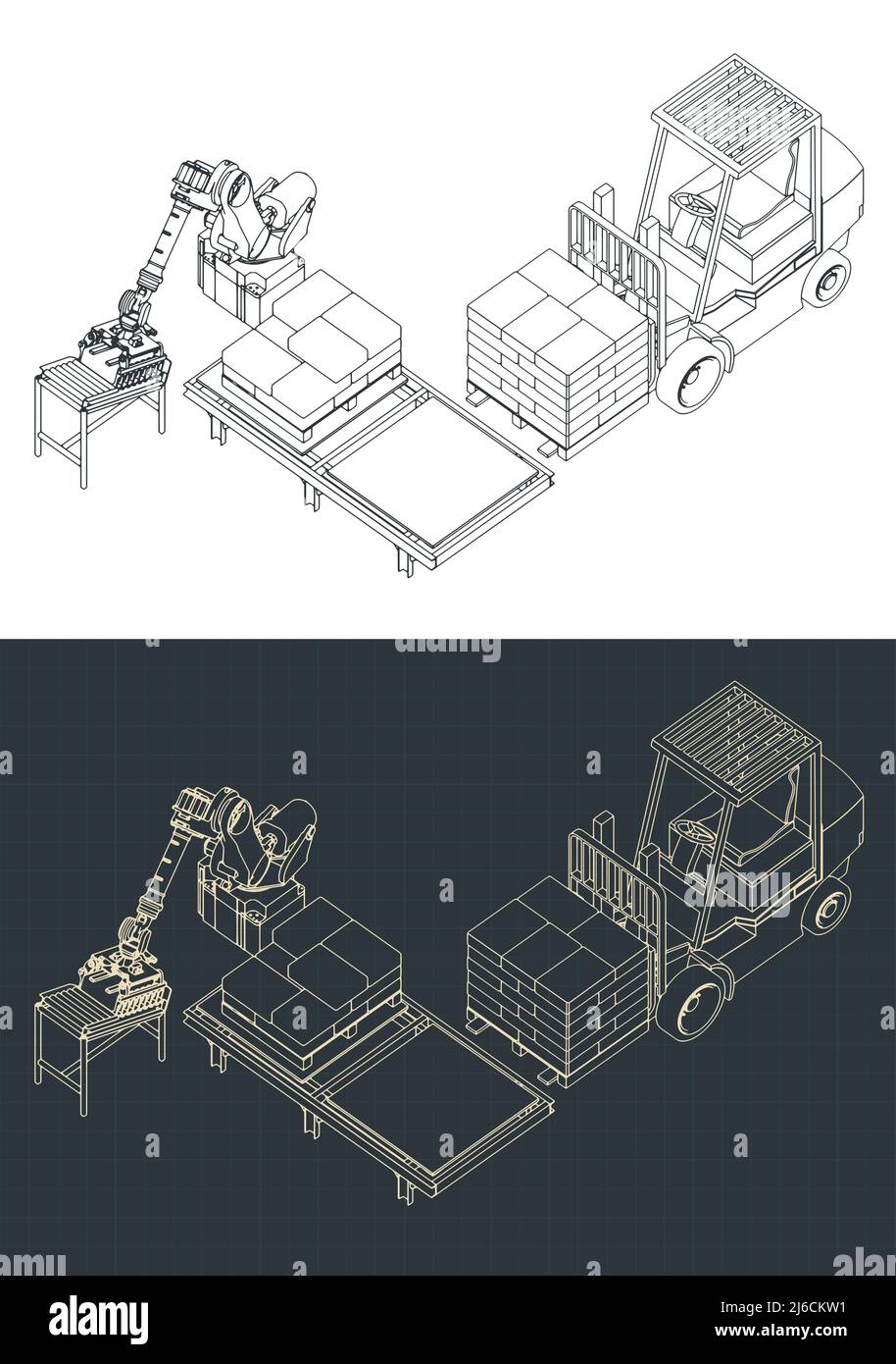 Stilisierte Vektordarstellung von Zeichnungen des robotischen Ladungssystems in Anlagen und Lagern Stock Vektor