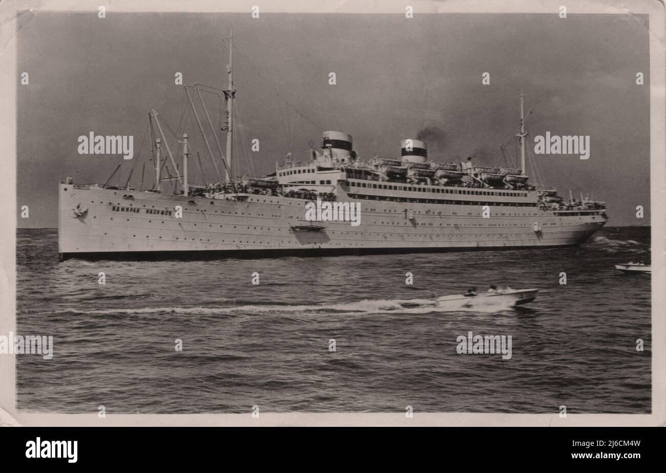 Ein Foto des Admiral Nachimow-Schiffes aus dem Jahr 1963. Die Postkarte wurde in der UdSSR ausgegeben. Stockfoto