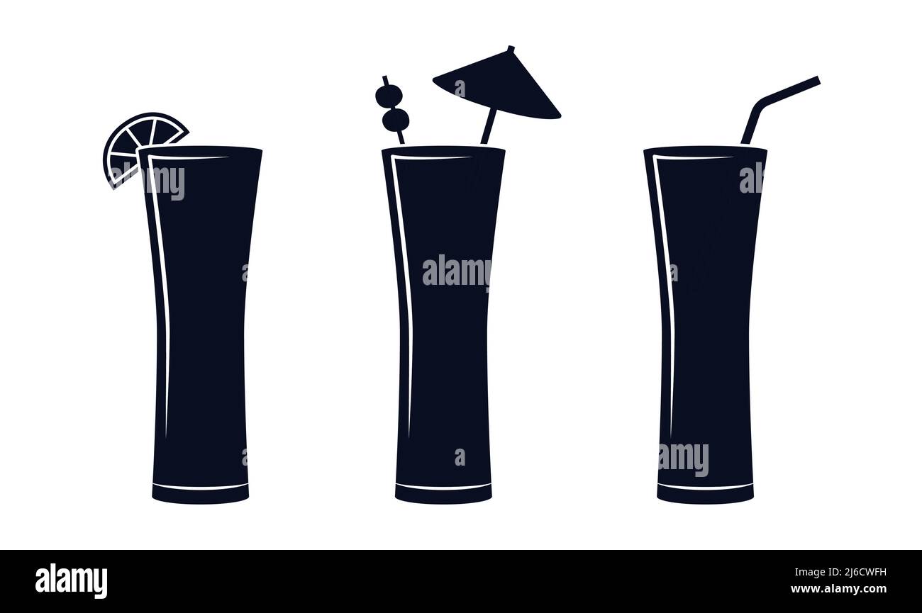 Verschiedene Longdrink- oder Cocktail-Getränke-Gläser Vektor-Illustration Icon-Set Stock Vektor