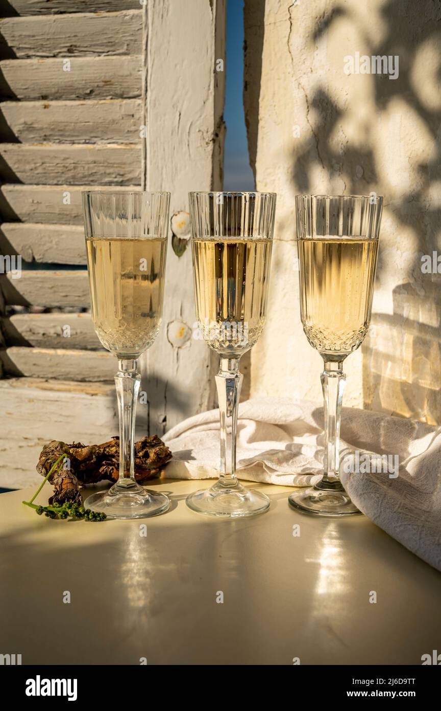 Drei Gläser französischer Champagner Sekt und Blick auf bunte Fischerboote im alten Hafen von Cassis, Provence, Frankreich, Sommerfest in PR Stockfoto