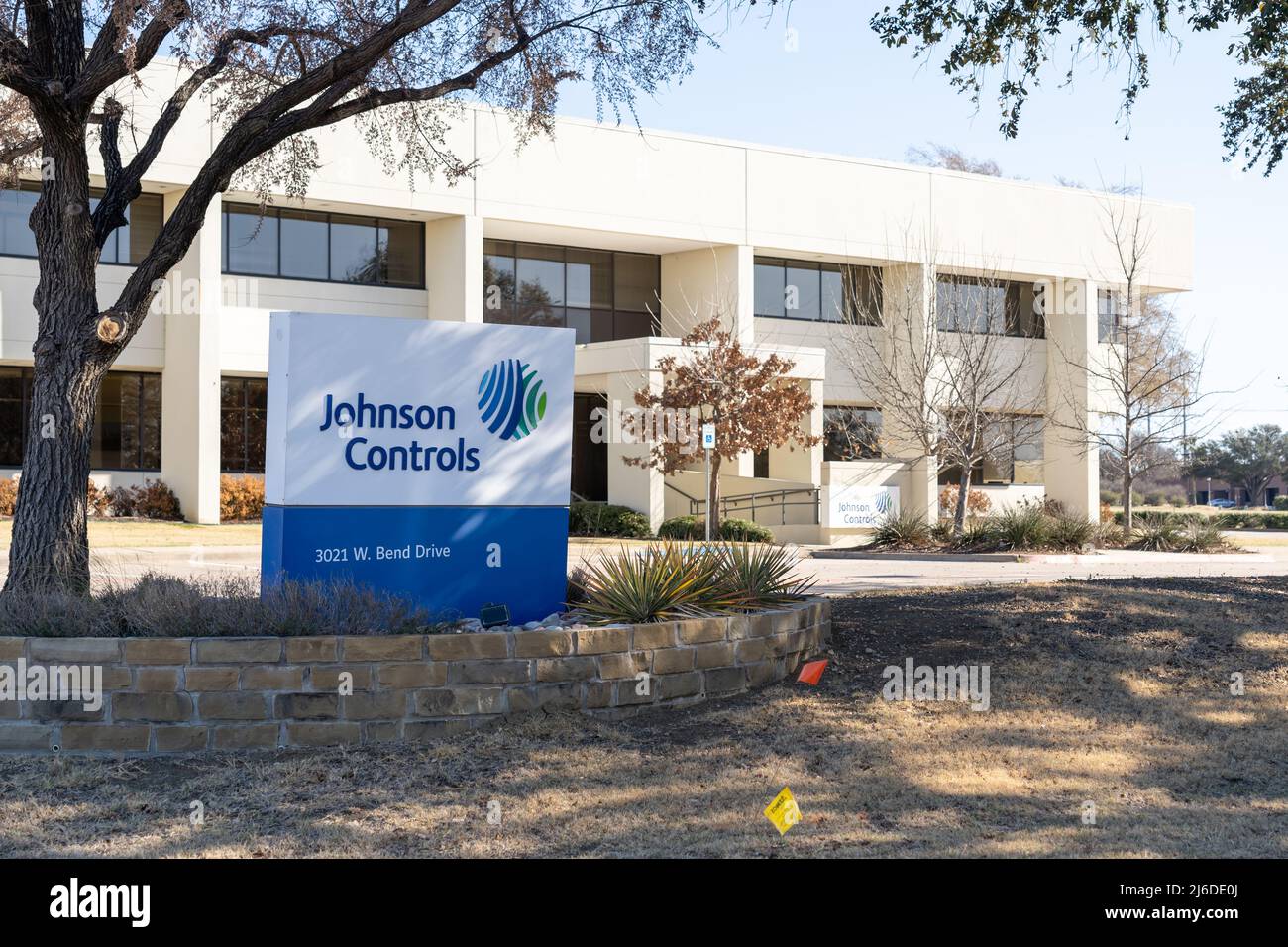 Das Schild für Johnson Controls Büro in Irving, Texas, USA. Stockfoto