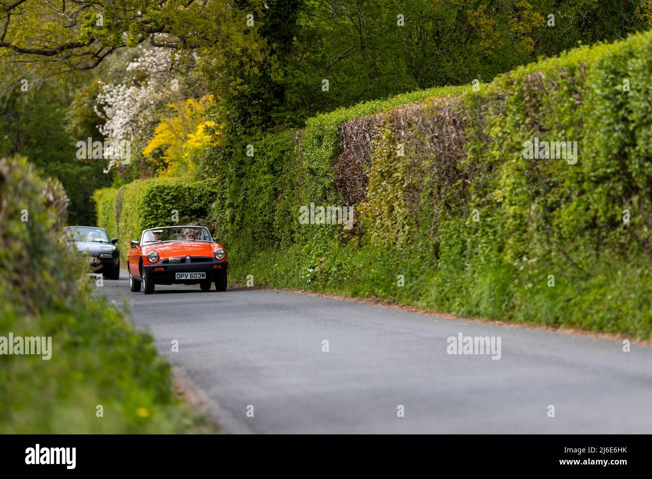 Verschiedene Marken, die an der Rotary Club-Wohltätigkeitsorganisation „Wye Run“ des Oldtimer-Frühlings teilnehmen, fahren durch Wales und das Wye Valley. Stockfoto