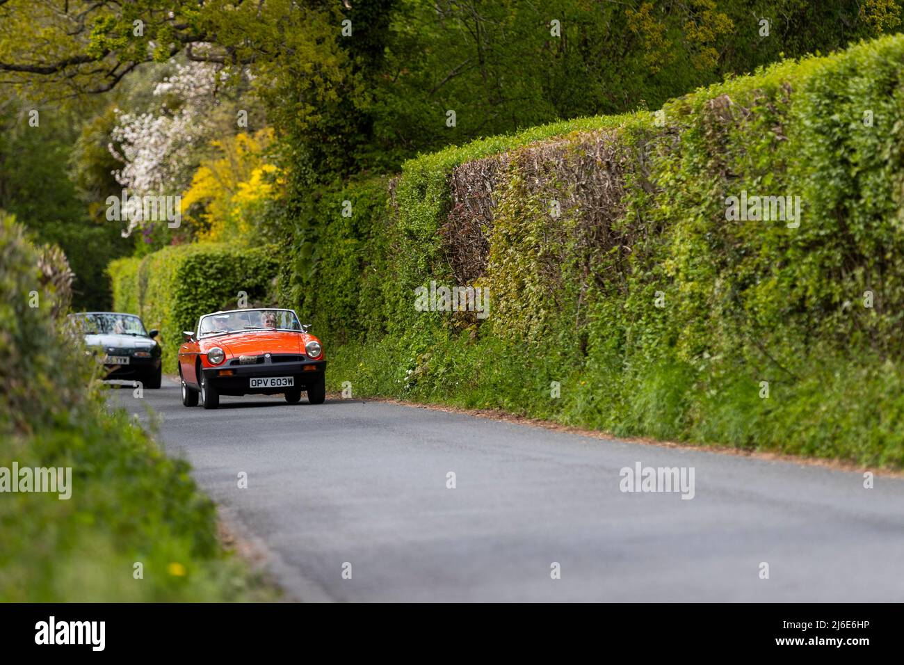 Verschiedene Marken, die an der Rotary Club-Wohltätigkeitsorganisation „Wye Run“ des Oldtimer-Frühlings teilnehmen, fahren durch Wales und das Wye Valley. Stockfoto