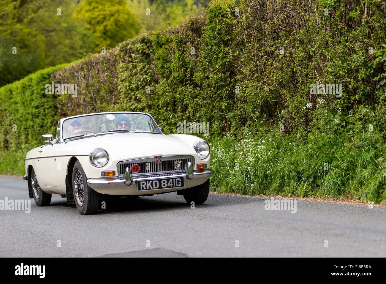 Verschiedene Marken, die an der Rotary Club-Wohltätigkeitsorganisation „Wye Run“ des Oldtimer-Frühlings teilnehmen, fahren durch Wales und das Wye Valley. Stockfoto
