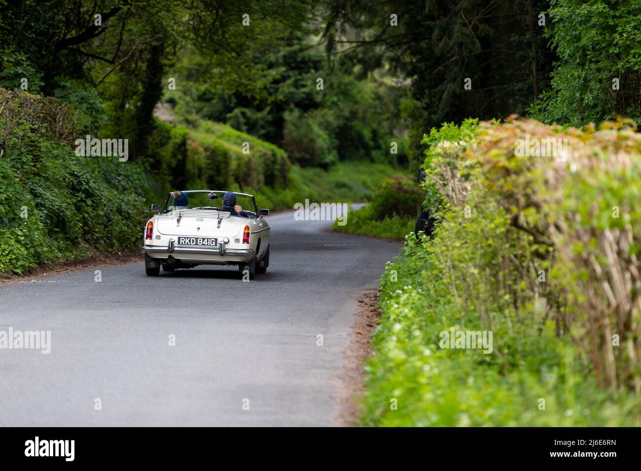 Verschiedene Marken, die an der Rotary Club-Wohltätigkeitsorganisation „Wye Run“ des Oldtimer-Frühlings teilnehmen, fahren durch Wales und das Wye Valley. Stockfoto