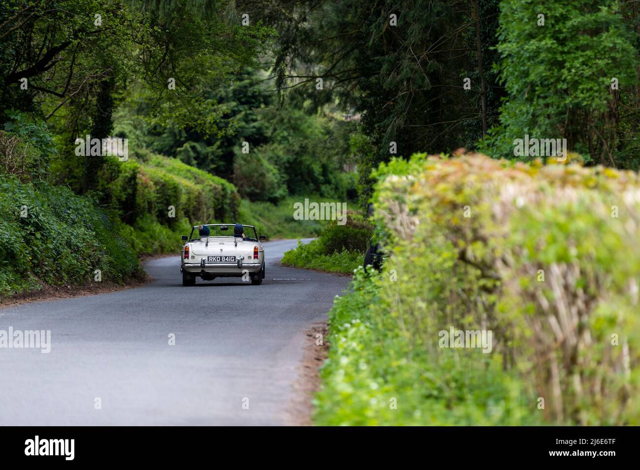 Verschiedene Marken, die an der Rotary Club-Wohltätigkeitsorganisation „Wye Run“ des Oldtimer-Frühlings teilnehmen, fahren durch Wales und das Wye Valley. Stockfoto