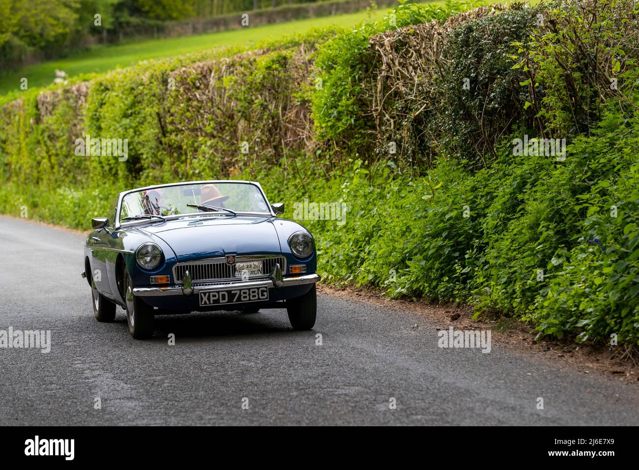 Verschiedene Marken, die an der Rotary Club-Wohltätigkeitsorganisation „Wye Run“ des Oldtimer-Frühlings teilnehmen, fahren durch Wales und das Wye Valley. Stockfoto