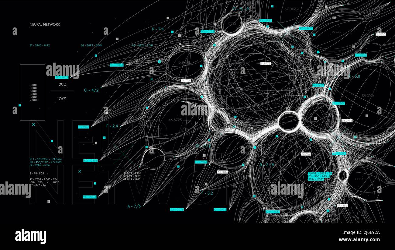 Digitale Visualisierung des Datenflusses und der Bildung neuronaler Netze, Datenbankverarbeitung Stock Vektor