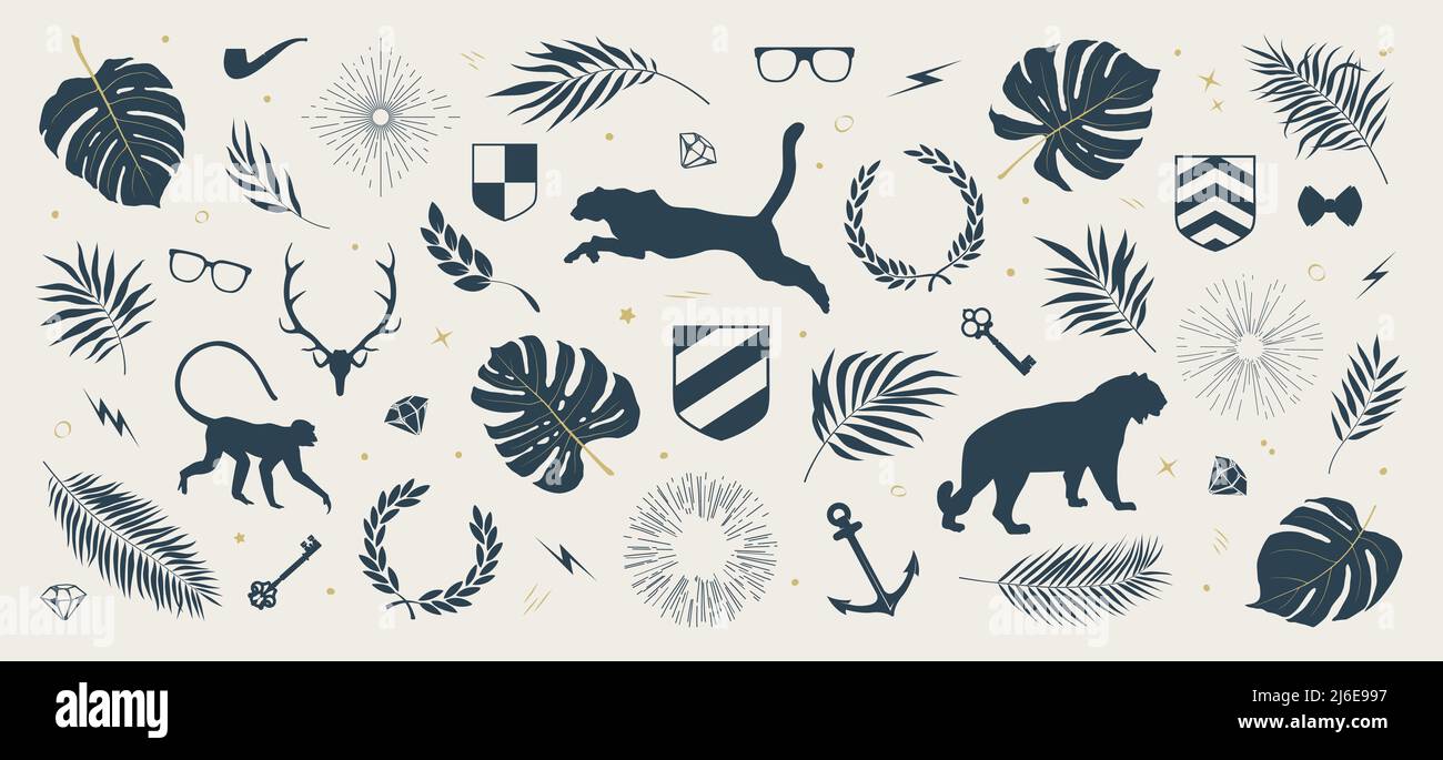 Sammlung von Silhouetten von tropischen Blättern und Pflanzen, Dschungeltiere, Sonnenstrahlen und Kränze, andere dekorative Elemente, Zusammensetzung aus Vektor-illu Stock Vektor