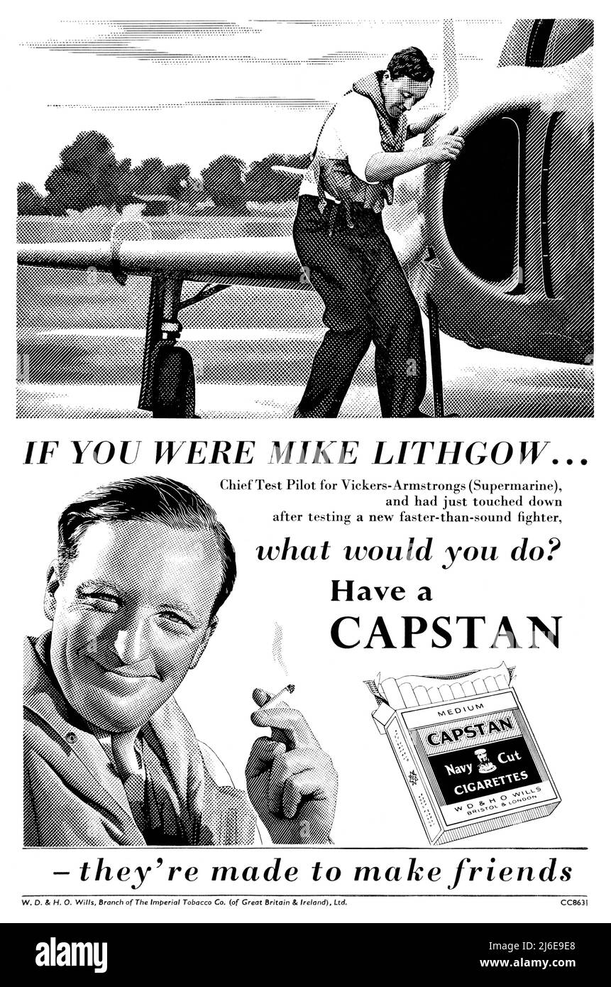 1954 britische Werbung für Capstan Navy Cut Cigarettes, mit Vickers-Armstrong Testpilot Mike Lithgow. Stockfoto