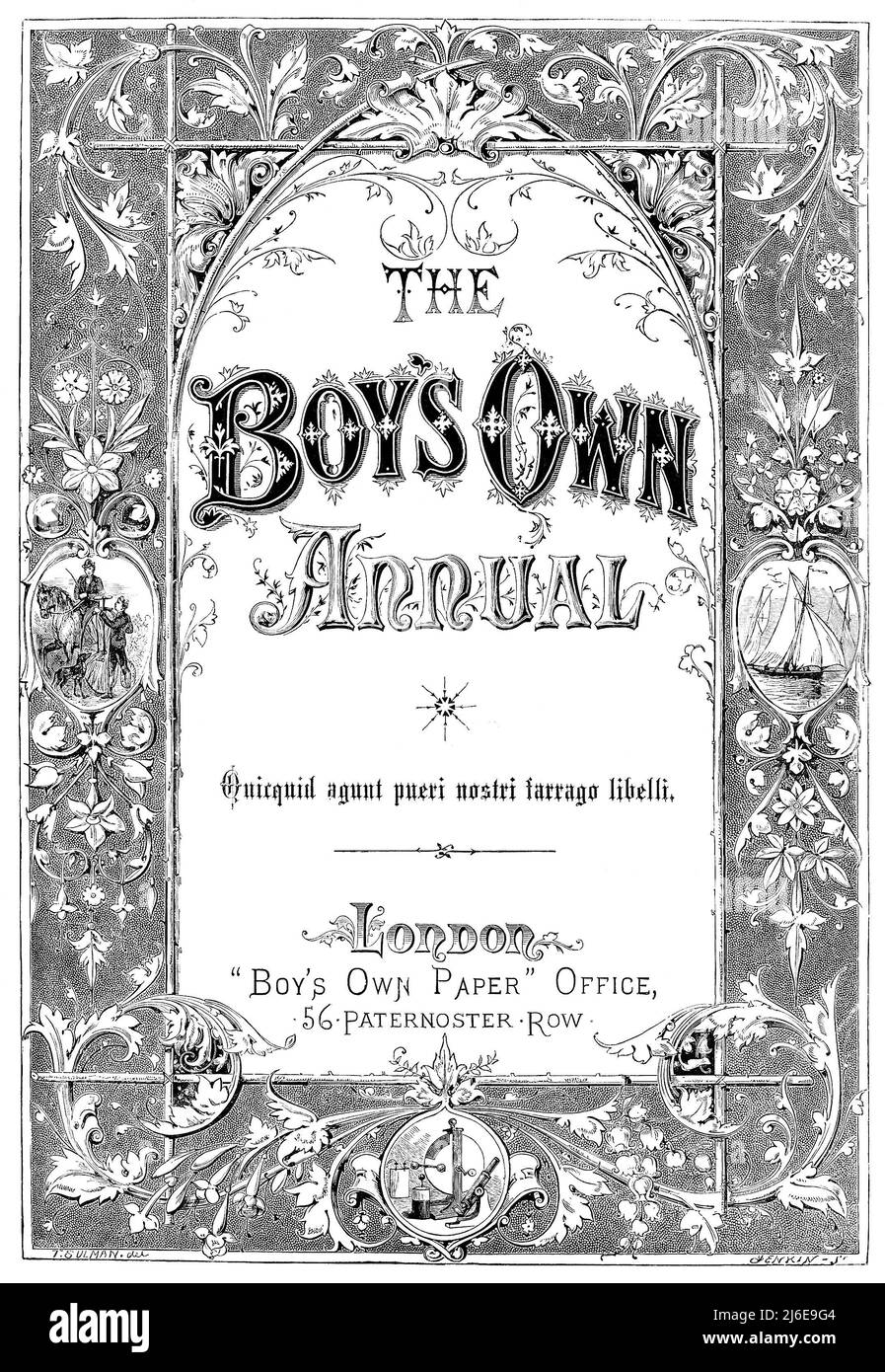 Vintage-Frontispiz von The Boy's Own Annual. Das Design wurde über viele viktorianische Jahrbücher hinweg verwendet. Stockfoto