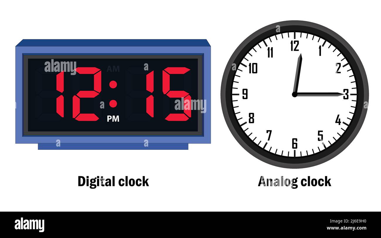 Digitale Uhr und analoge Uhr Zeit 12,15, Vektor Stock-Vektorgrafik