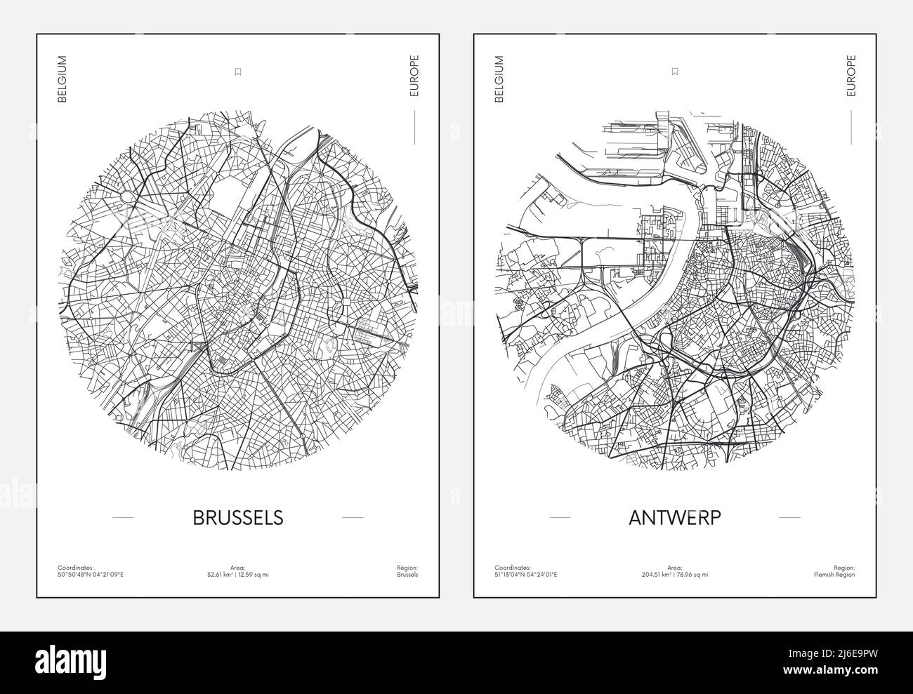 Reiseposter, Stadtplan Stadtplan Brüssel und Antwerpen, Vektorgrafik Stock Vektor