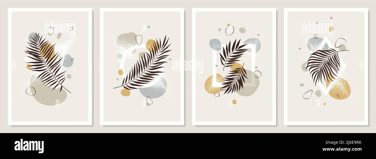 Set aus pastellfarbenen Kompositionen aus tropischen Blättern, flüssigen abstrakten Formen und geometrischen Figuren, trendigen zeitgenössischen Collagen-Stil, exotischem Dschungelposter Stock Vektor