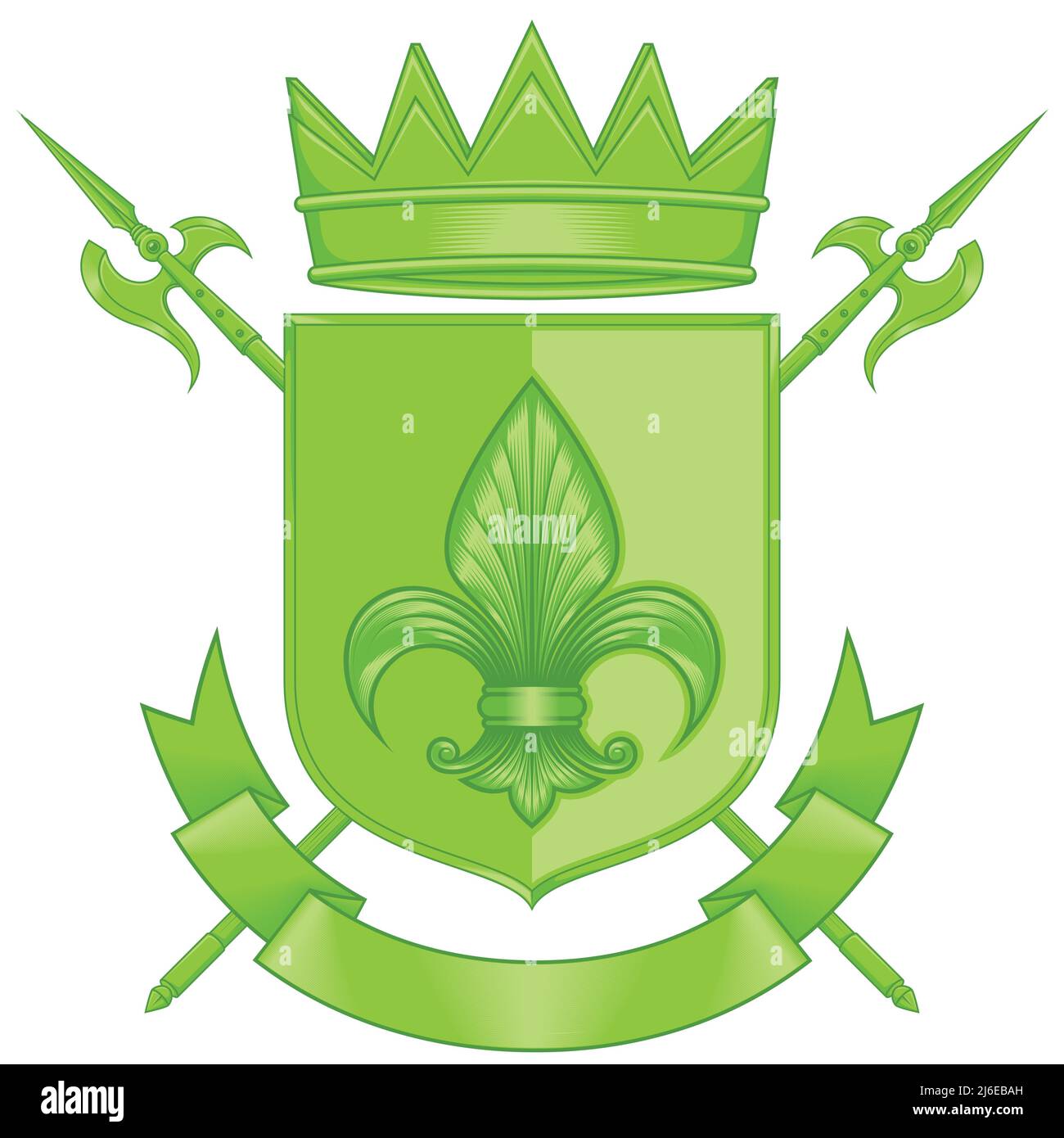 Wappen des Mittelalters mit Wappen, Wappen mit Fleur de Lis, Halberd, Krone und Band Stock Vektor