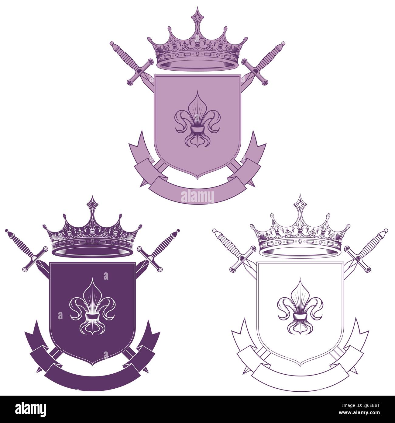 Mittelalter Wappenschild Vektor-Design, Wappen mit Fleur de Lis Wappenzeichen, mit Kronen und Schwertern Stock Vektor