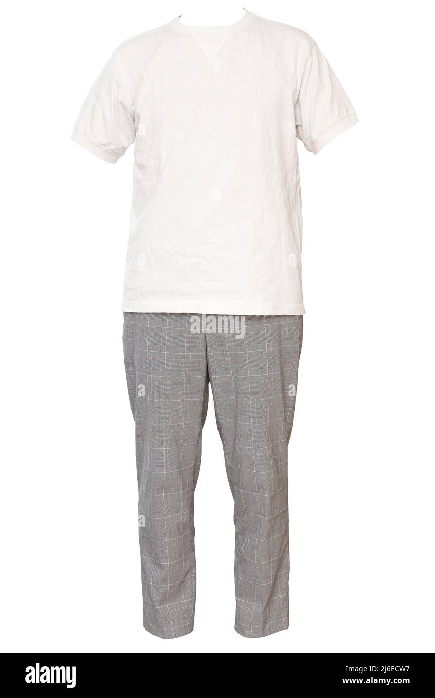 Koordination von Glen Check Slacks und weißem V-förmigem Zwickel-T-Shirt, Kunststoff Stockfoto