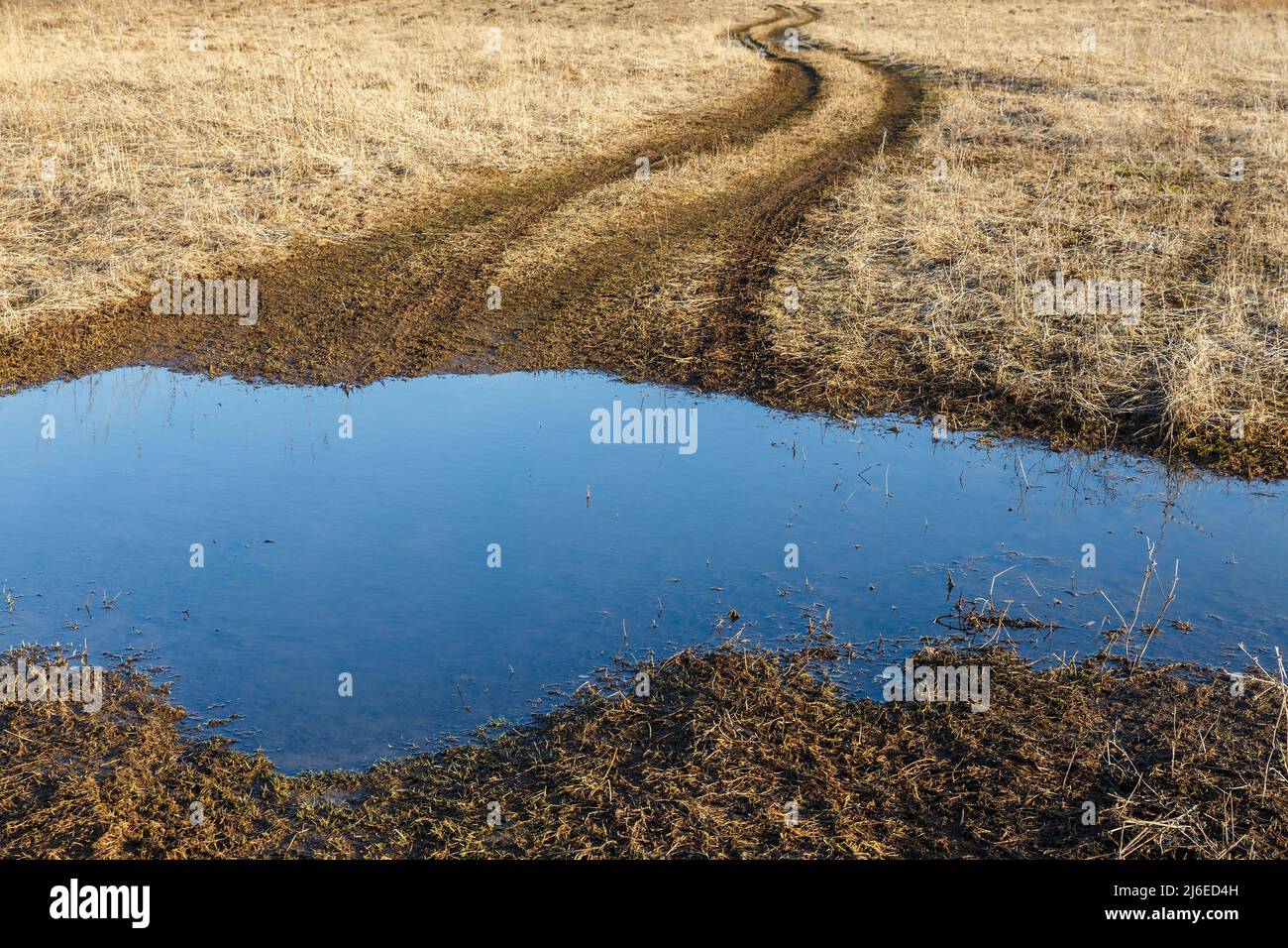Landstraße im Frühjahr. Schlamm und Pfütze Stockfoto
