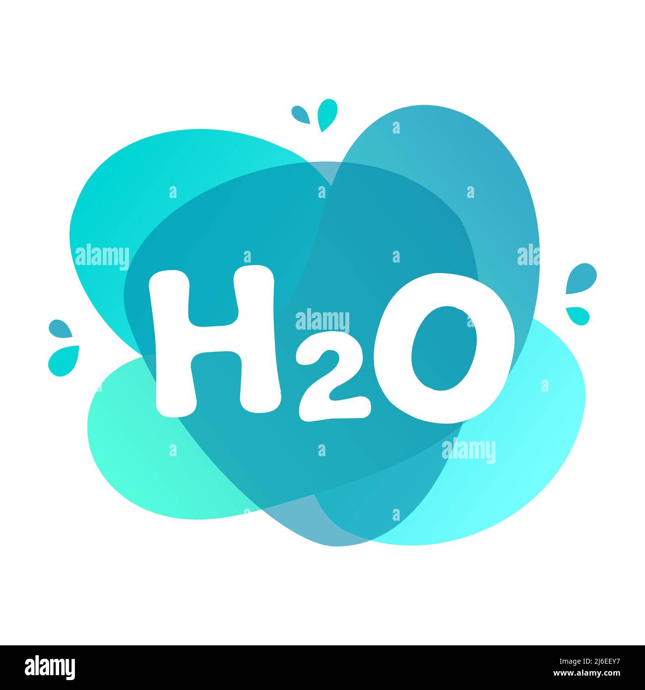 Wassersymbol auf blauem Splatter-Hintergrund. H2O Zeichen auf flüssigen Formen. Trendiges Wassersymbol. Erhaltung der natürlichen Ressourcen. Sauberes frisches Trinkwasser. Stock Vektor