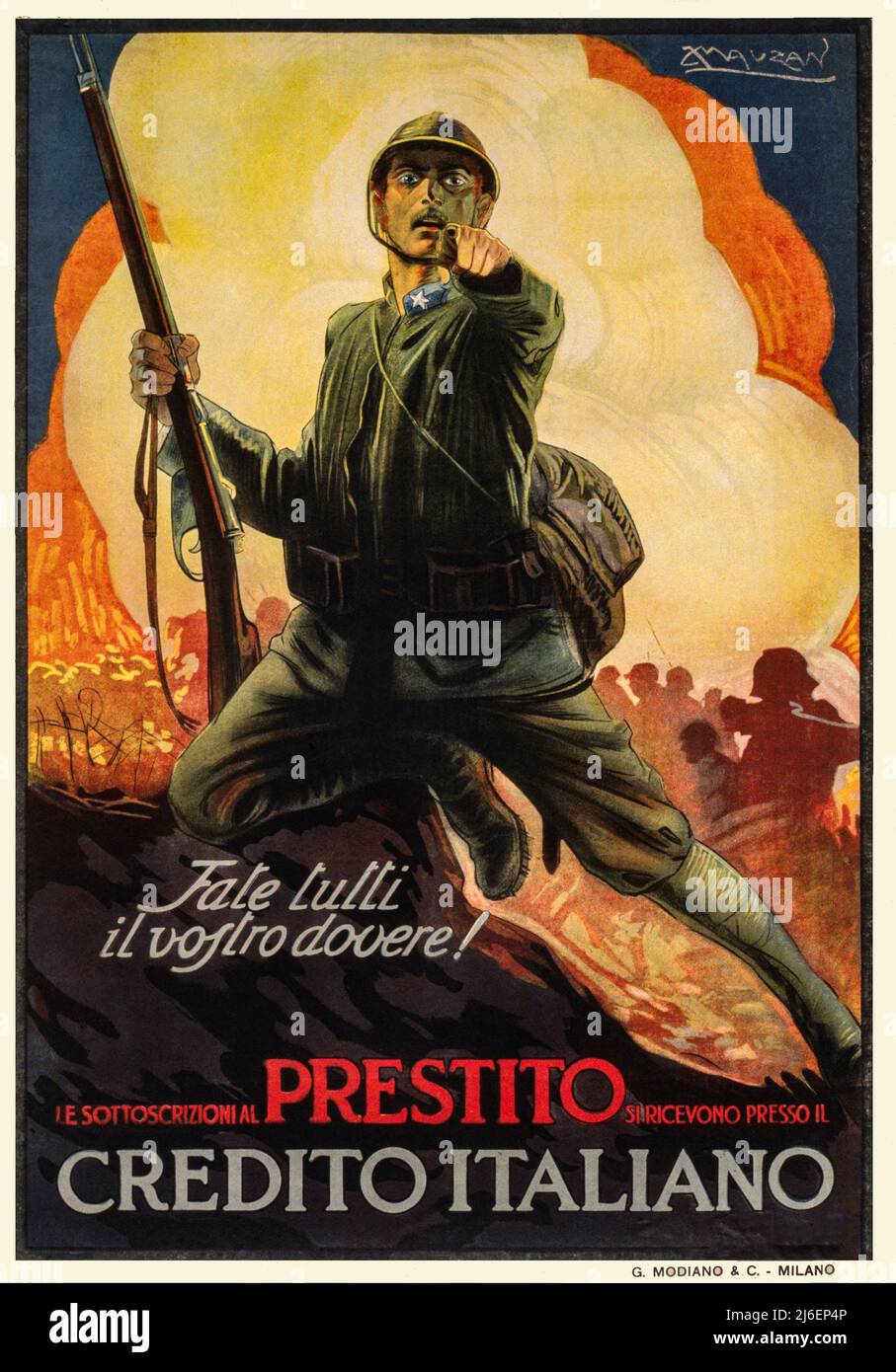 Ein italienisches Rekrutierungsplakat aus dem Jahr 1917, auf dem ein Soldat vor einer Kampfszene mit dem Finger auf den Betrachter zeigt. Eine weitere Variante zum Thema „Ihr Land braucht Sie“. Der Künstler ist Achille Mauzan (1883-1952) Stockfoto