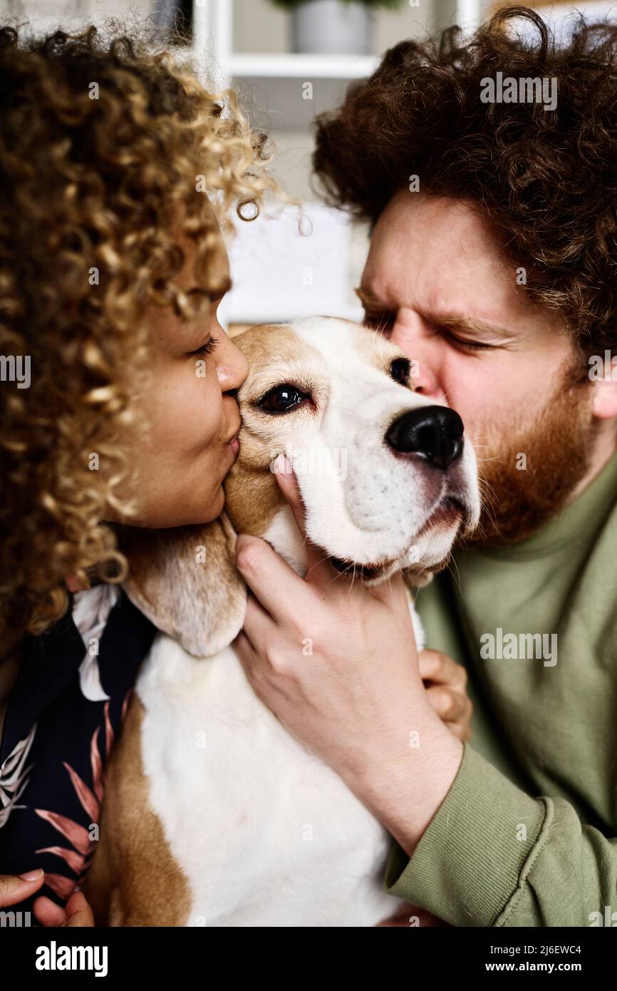 Portrait eines multiethnischen jungen Paares, das seinen entzückenden Hund von beiden Seiten küsst Stockfoto