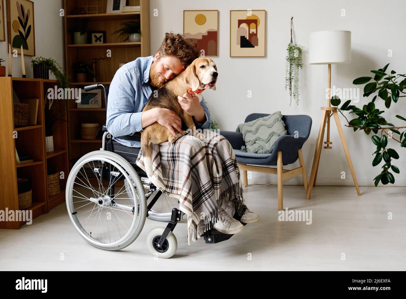 Junger bärtiger Mann umarmt sich mit seinem schönen Hund, während er im Rollstuhl im Wohnzimmer sitzt Stockfoto