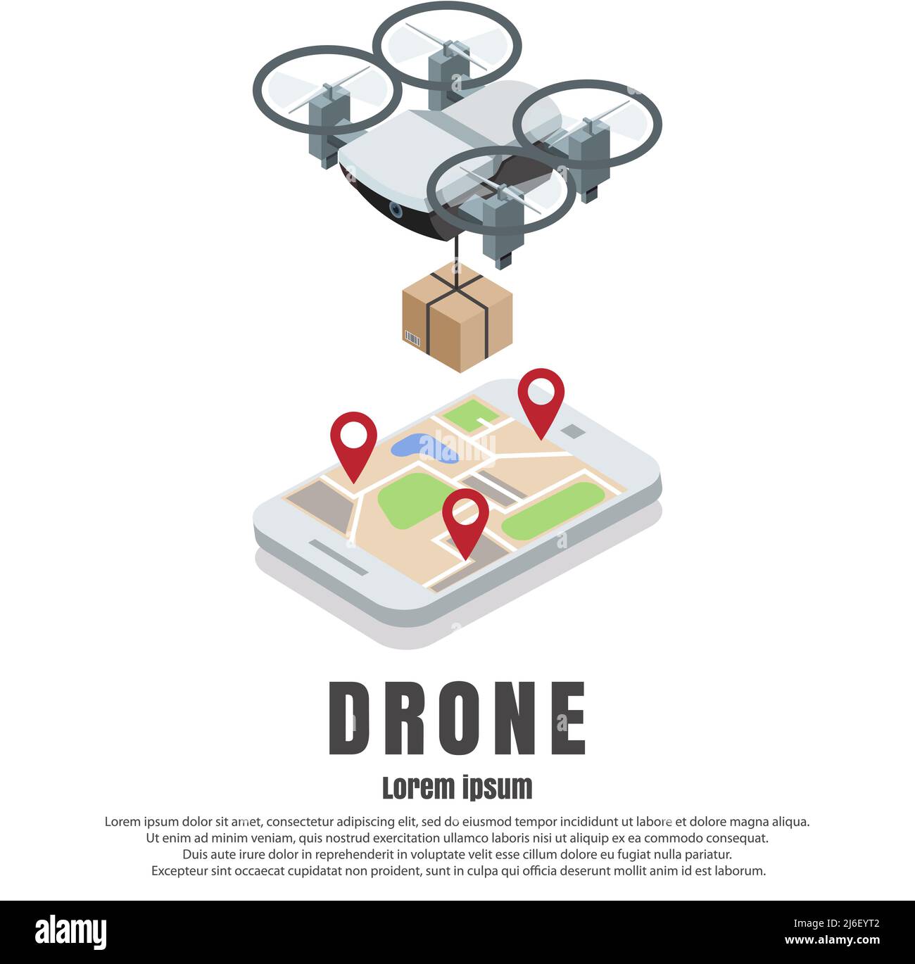 Smartphone gesteuerte Drohne mit Paketvektor isometrischer Illustration. Schnelle, moderne Lieferung durch Quadcopter Concept Design Element mit Kopierraum für Stock Vektor