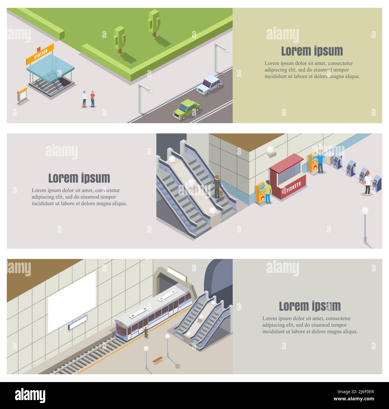 Vector isometrische U-Bahn unterirdisch Banner-Set Stock Vektor