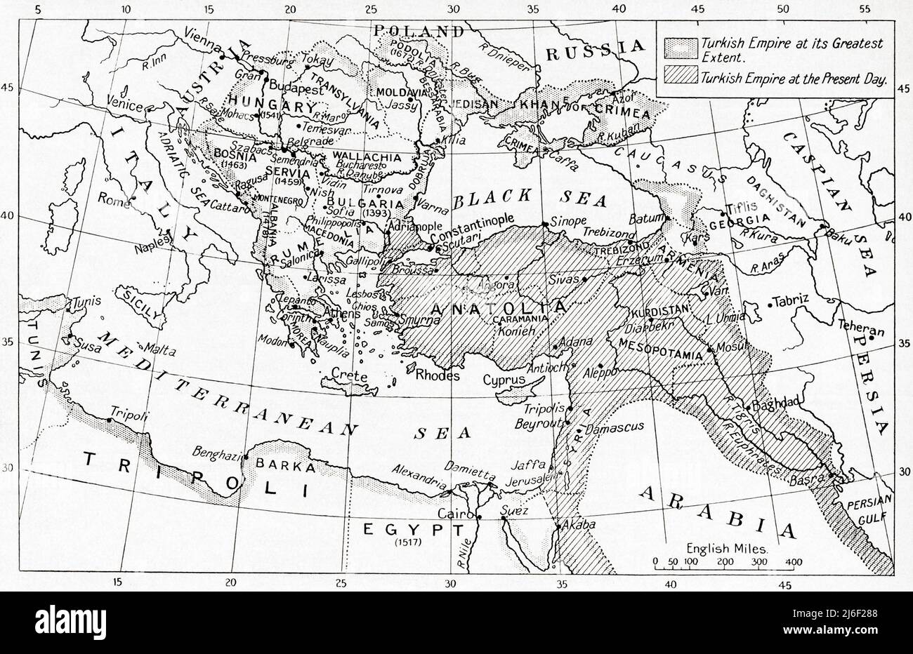 Karte der Türkei beim Ausbruch des Ersten Weltkriegs. Stockfoto