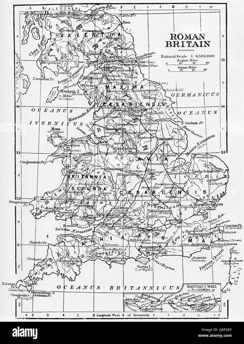 Karte des römischen Britanniens mit dem Gebiet der Insel Großbritannien, das vom Römischen Reich regiert wurde, 43 - 410 n. Chr. Stockfoto
