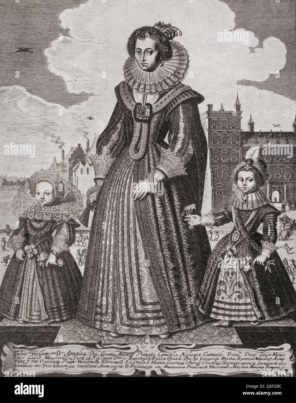 Amalia von Solms-Braunfels, 1602 – 1675. Prinzessin von Orange durch ihre Ehe mit Friedrich Henry, Prinz von Orange, hier mit ihrem Sohn und ihrer Tochter gesehen. Aus Modes and Manners, veröffentlicht 1935. Stockfoto