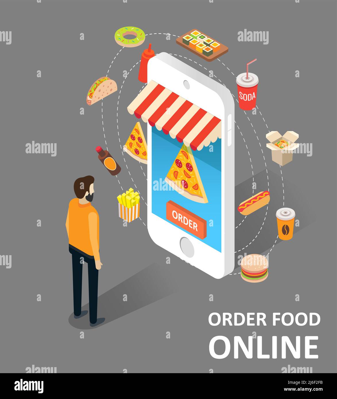 Bestellen Sie Lebensmittel online Vektor isometrische Illustration Stock Vektor