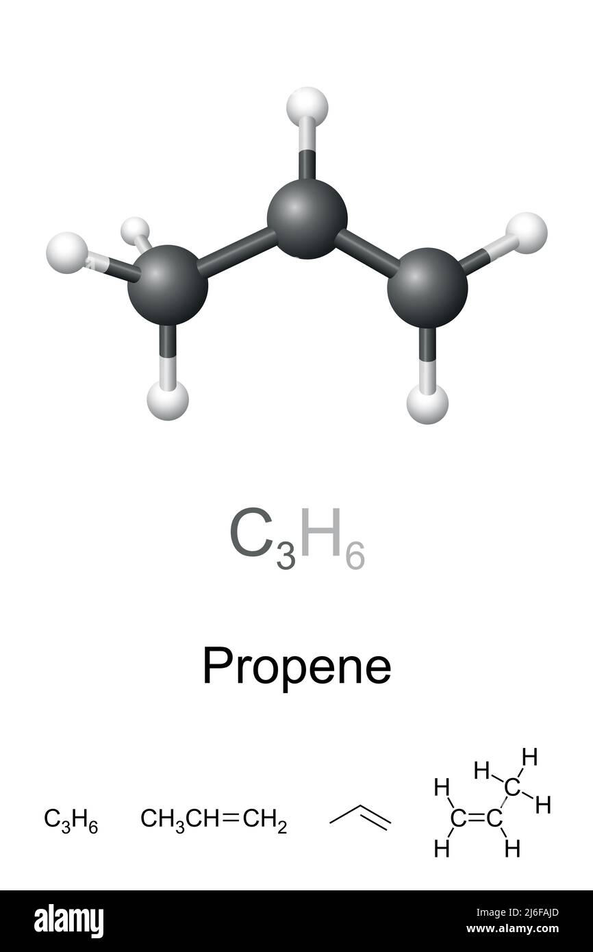 Propen, auch Propylen, Ball-and-Stick-Modell, molekulare und chemische Formel. Kohlenwasserstoff. Das zweiteinfachste Alken. Stockfoto