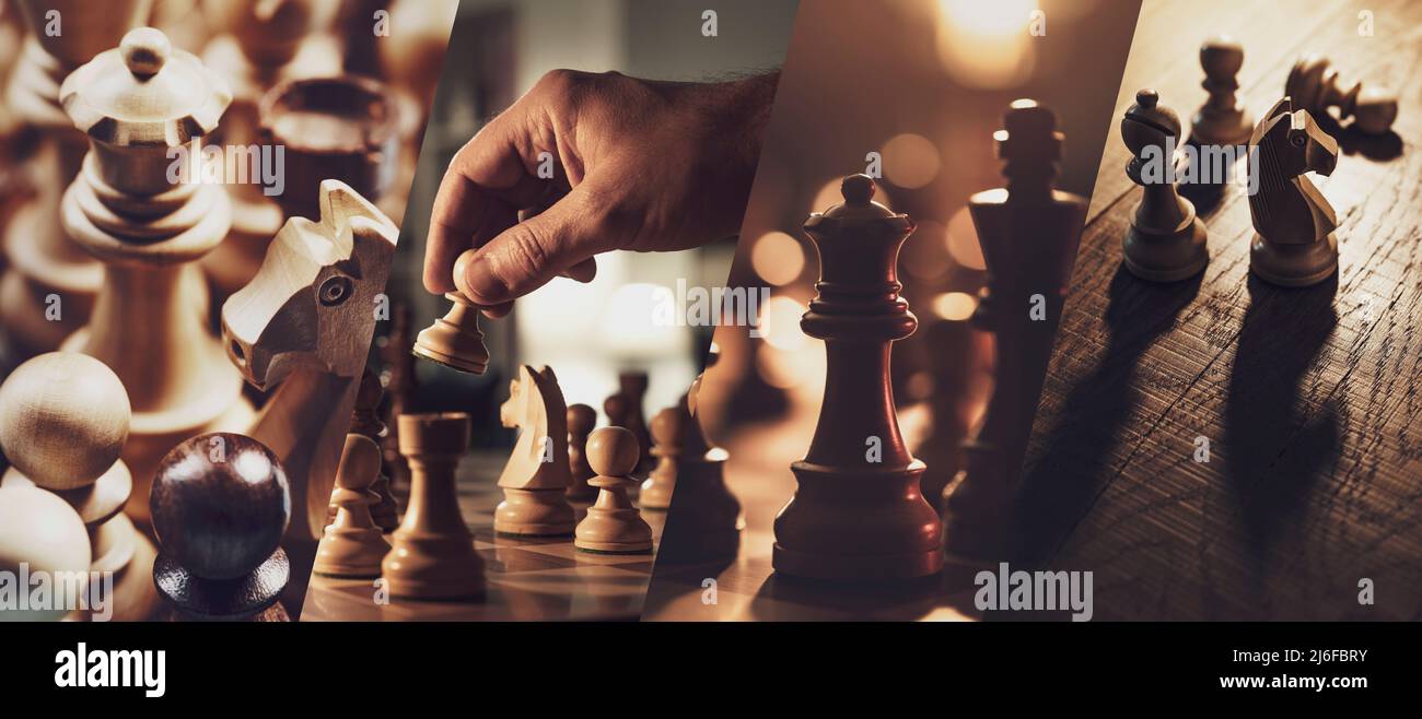 Schachspiel: Luxuriöses Schachset aus Holz und Spieler, die sich auf dem Schachbrett bewegen, Strategie- und Taktiken-Spiele, Fotocollage-Banner Stockfoto