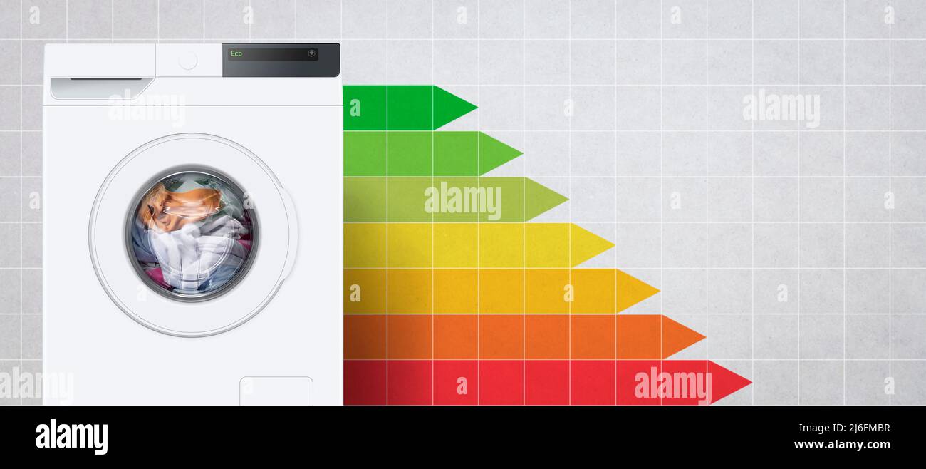 Vollständige Waschmaschine und Energieeffizienzzertifikat-Tabelle: Konzept für energieeffiziente Geräte Stockfoto