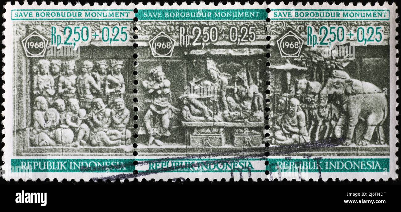 Bas-Relief des Borobudur-Denkmals auf Briefmarke Indonesiens Stockfoto