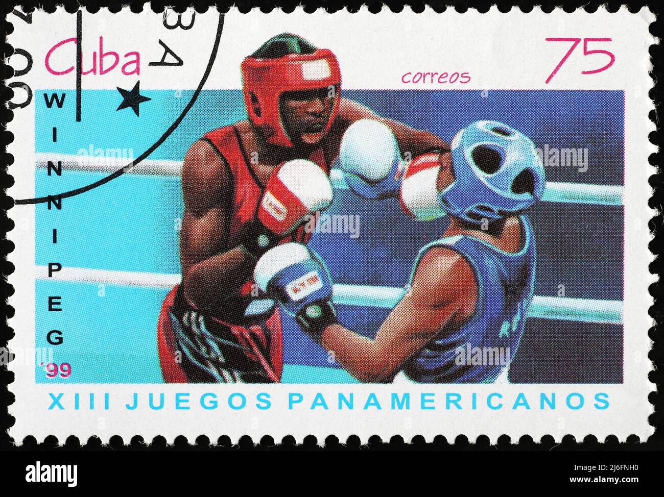 Boxer während eines Spiels auf kubanischer Briefmarke Stockfoto