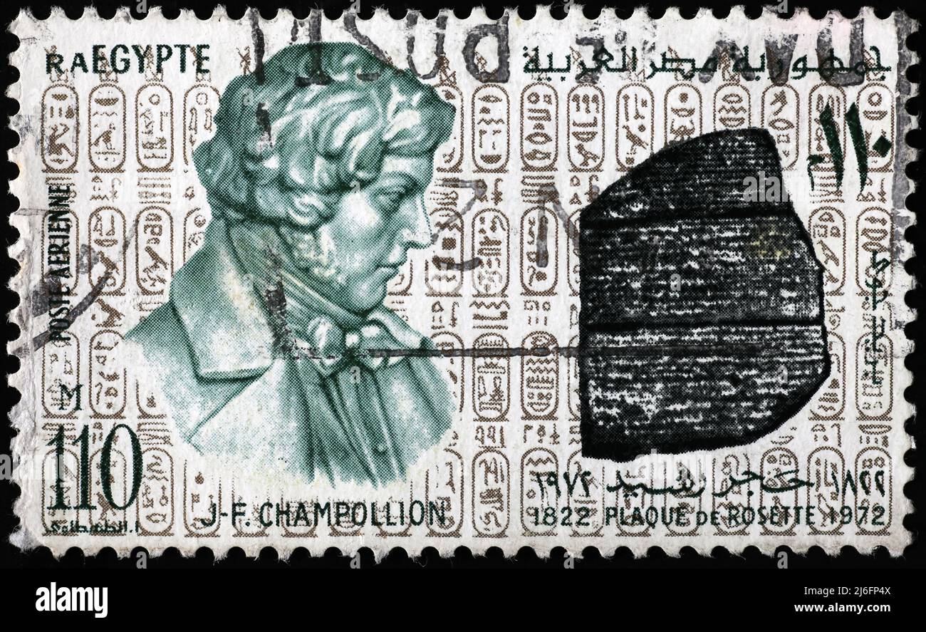 Jean-François Champollion auf der alten ägyptischen Briefmarke Stockfoto