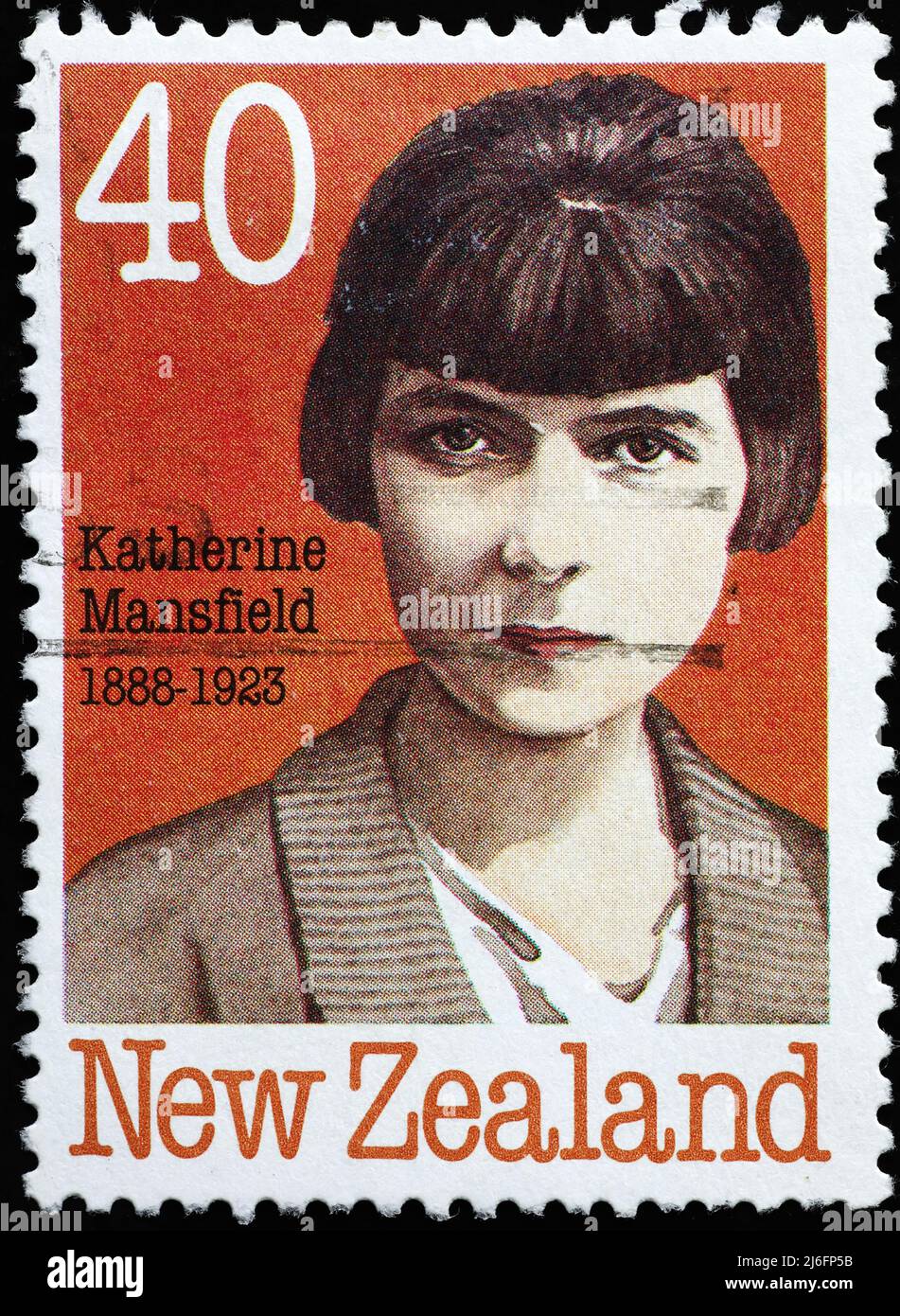 Katherine Mansfield Porträt auf neuseeländischer Briefmarke Stockfoto