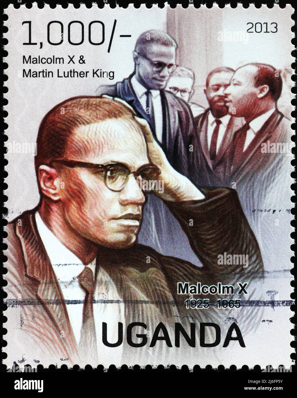 Malcolm X Porträt auf Briefmarke von Uganda Stockfoto